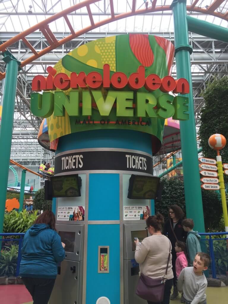 ticketing kiosk | Nickelodeon Universe Theme Park:  Everything You Need to Know by popular family travel blog, Travel with a Plan: image of Nickelodeon Universe theme park ticketing kiosk.  