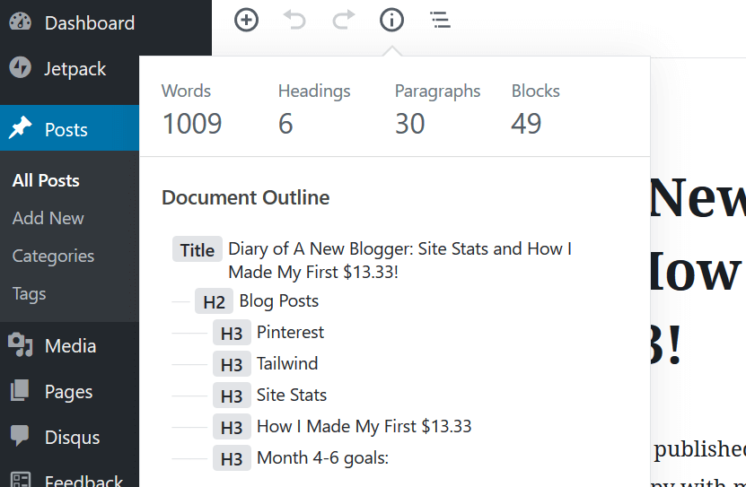 Screenshot of where to find blog post Word Count in wanting to make money as a new blogger