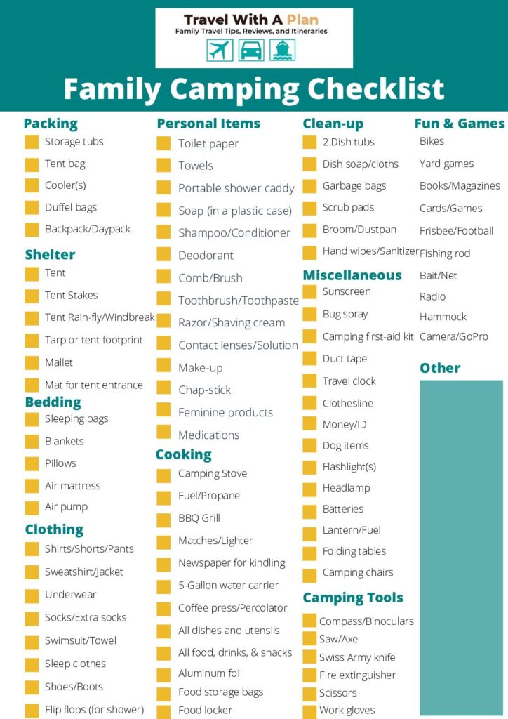 Click here for our Ultimate Family Camping List that includes everything from the basics, to the essential camping tools and camp kitchen items that you need for a successful outdoor adventure.  Top U.S family travel blog Travel With A Plan also share their free packing printable!  #familycampinglist #familycampingchecklist #whattobringwhencampingwithkids #campingessentials #familycampingessentials