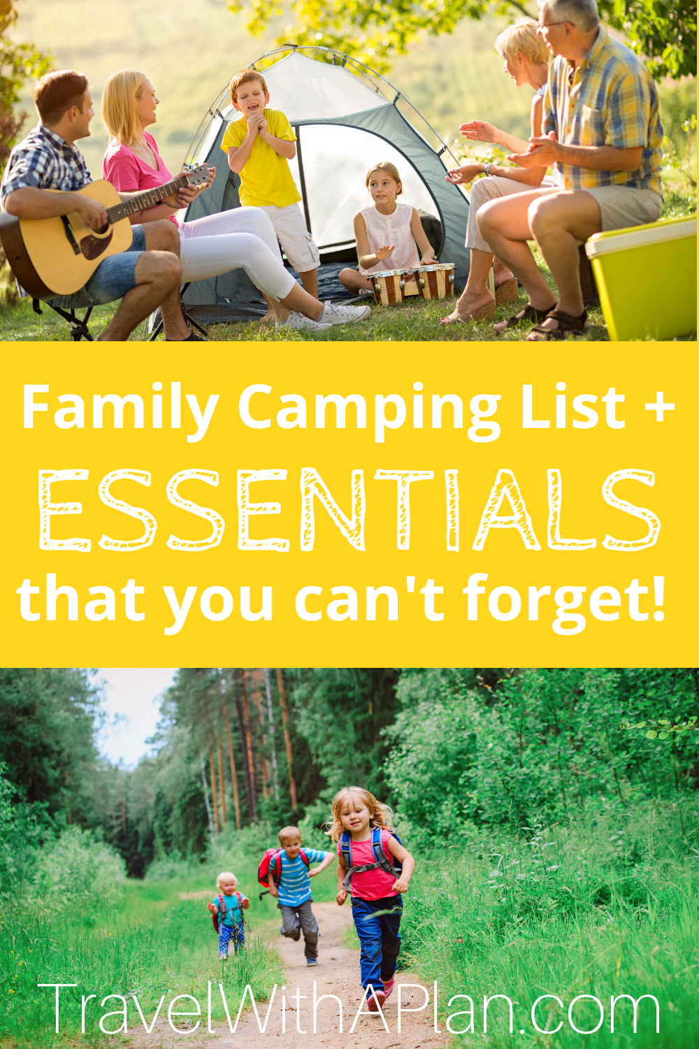 Click here for our Ultimate Family Camping Checklist that includes everything from the basics, to the essential camping tools and camp kitchen items that you need for a successful outdoor adventure.  Top U.S family travel blog Travel With A Plan also share their free family camping list printable!  #familycampinglist #familycampingchecklist #whattobringwhencampingwithkids #campingessentials #familycampingessentials