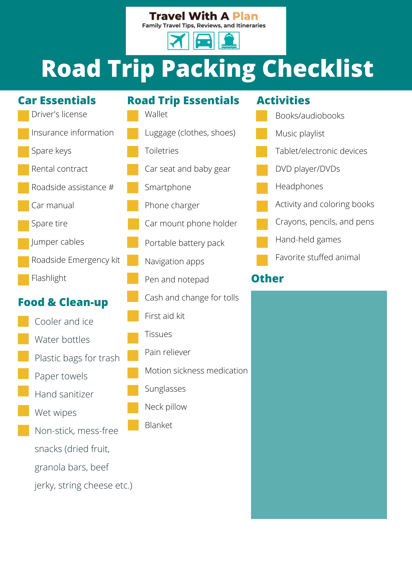 Top U.S. Family Travel Blog, Travel With A Plan, shares their family road trip packing list printable that they have perfected after years of road tripping together as a family!  Every item you will need for the perfect family road trip is included!  #roadtripessentials #familyroadtrippackinglist #roadtriplist #printableroadtripchecklist #familytravel #roadtriptips
