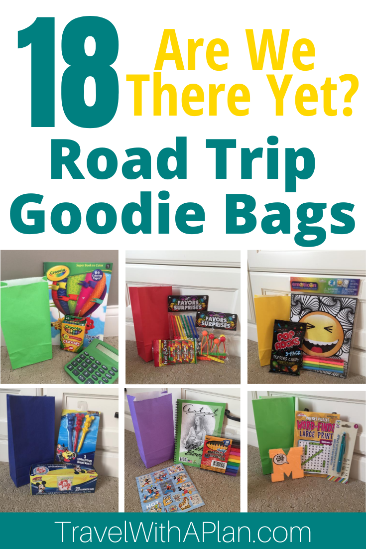 Fight boredom on a family road trip with these Road Trip Goodie Bags!  Assemble these quick, easy, and inexpensive Goodie Bags for the perfect family road trip activity to have fun on a family road trip!  Family Travel | Road Trip Travel Bags | Road Trip Goodies | Road Trip Goodie Bag Ideas | Road Trip Goodie Bags for Kids #travelwithaplan #funroadtripideas #roadtriptreatbags #roadtriptreats